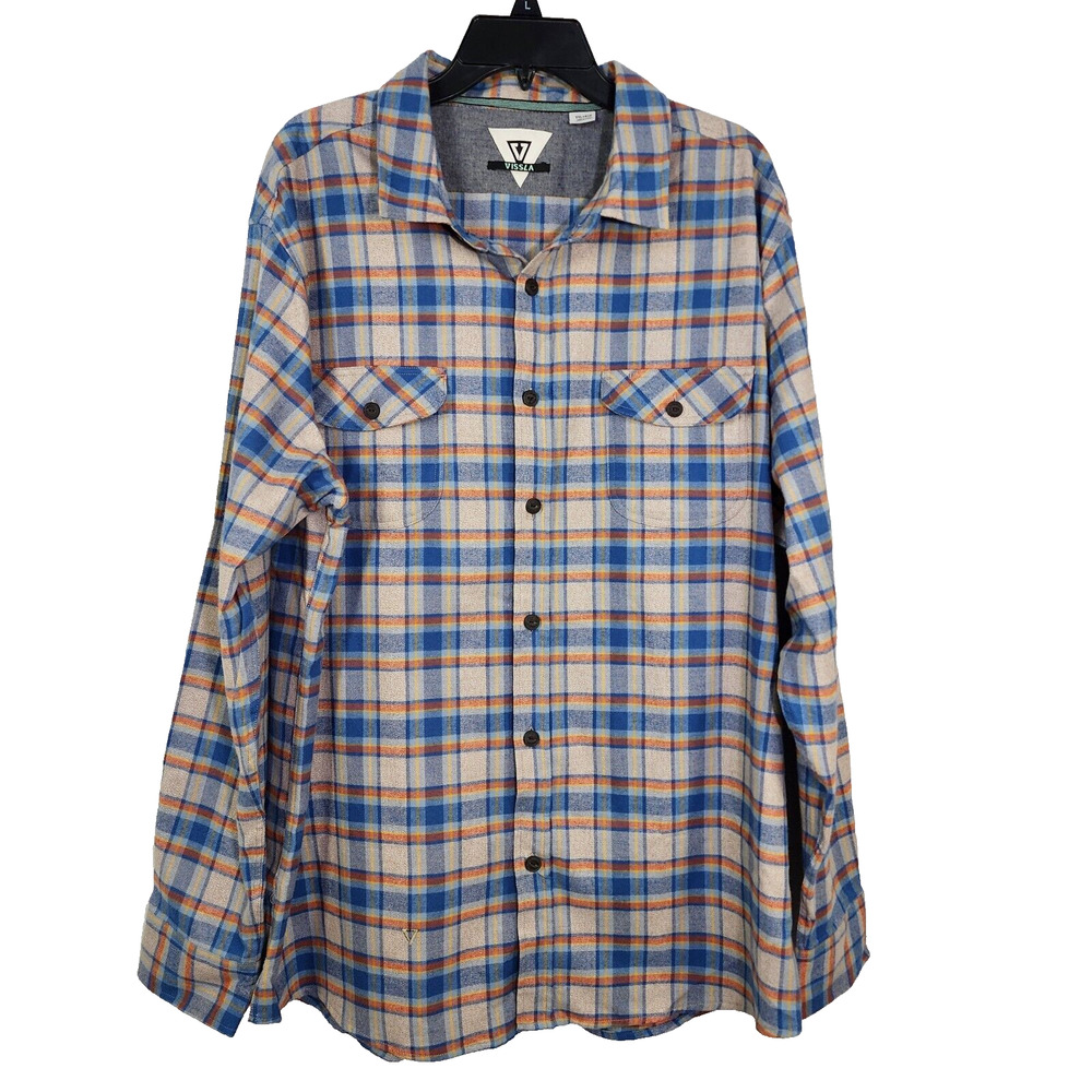Vissla Shirt Mens XXL Central Coast Eco Flannel Blue Plaid L/S Pockets Button